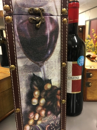 1 houten kist voor een fles wijn, rechtop, hout met canvas afbeelding wijn + druif